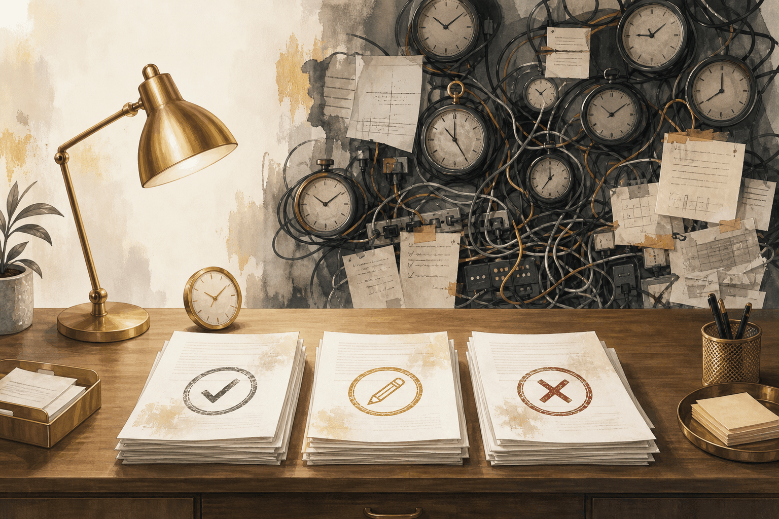 A tidy review queue in front of a wall of cron clocks
