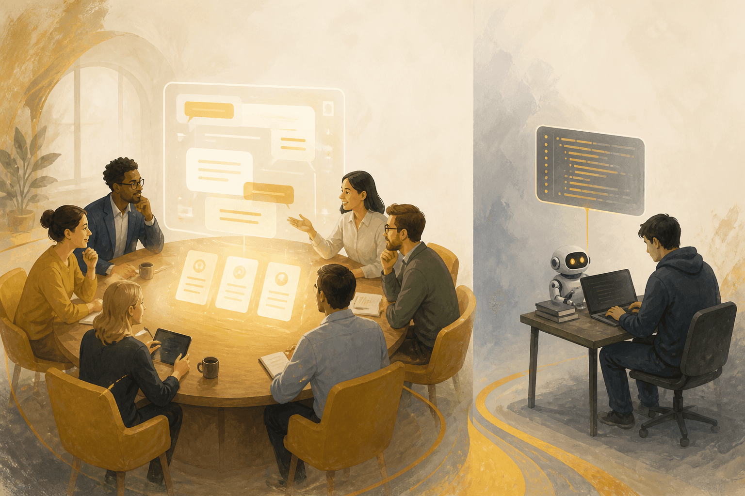 A team asking together, while a lone coding agent sits aside