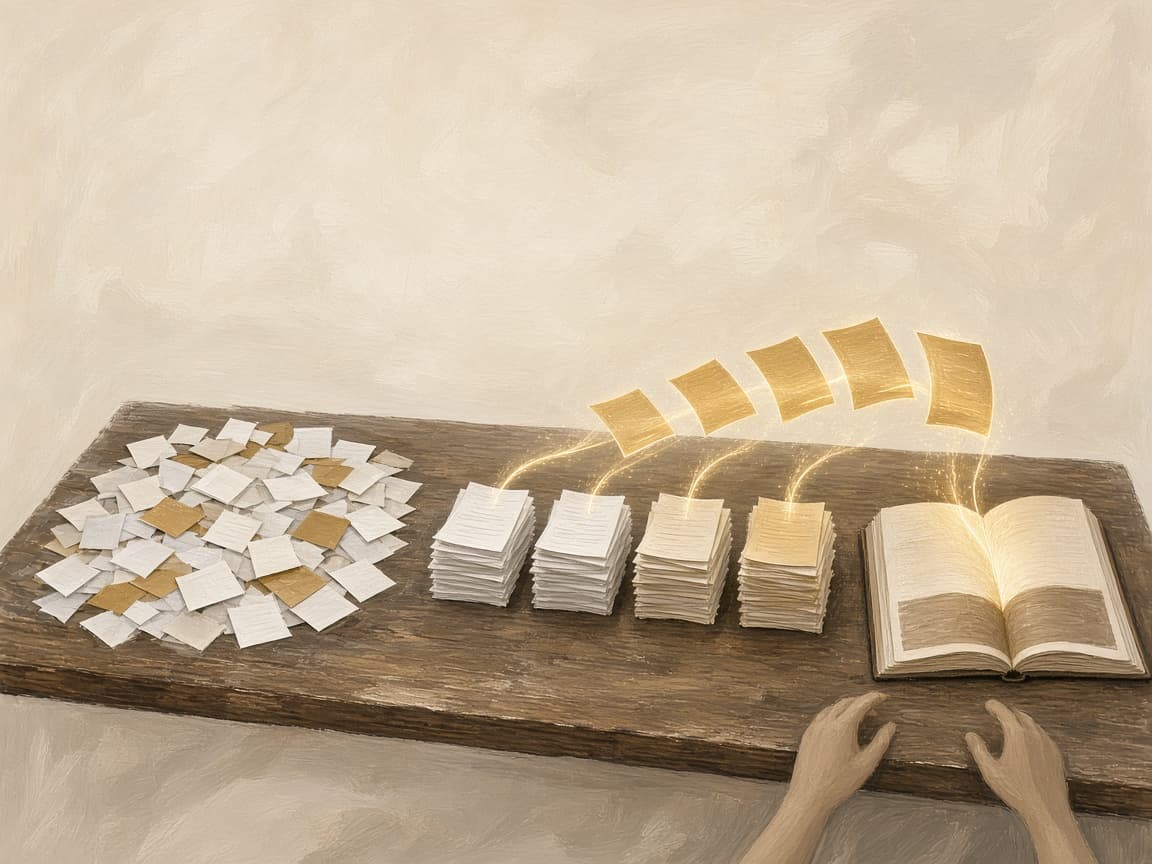 Scattered notes sorted into five piles, with the top sheet from each pile moving toward one open notebook