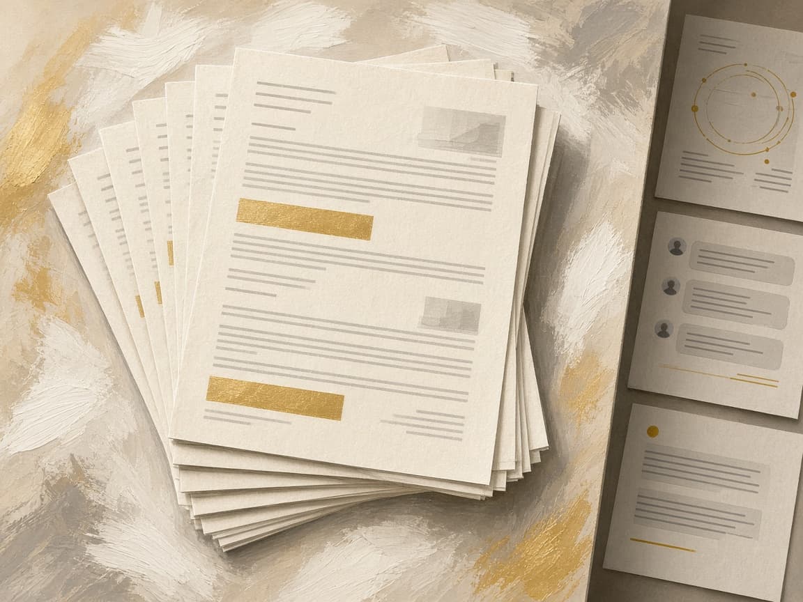 Seven identical pages with the same highlighted paragraph, while three different pages sit ignored at the edge of the desk