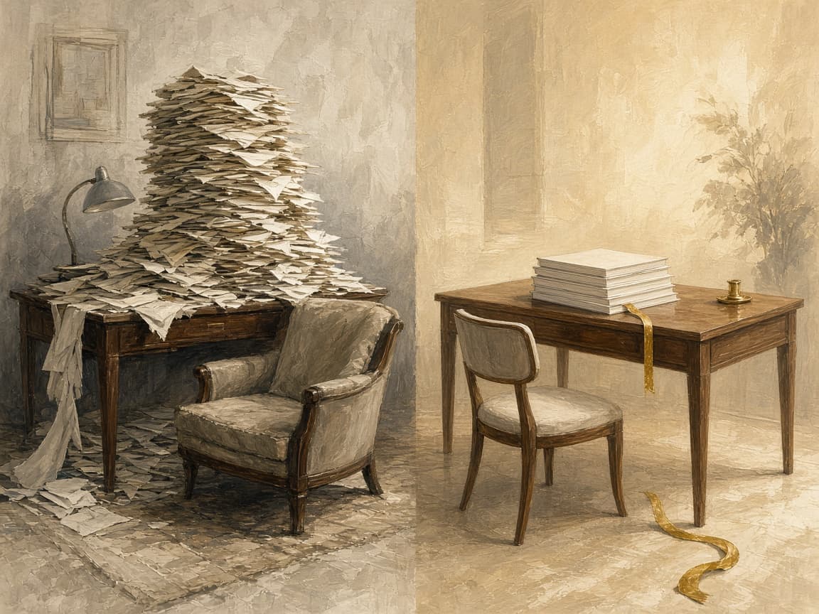 Two desks: a tall disorderly stack of pages under a dim lamp, and five neat pages under warm light