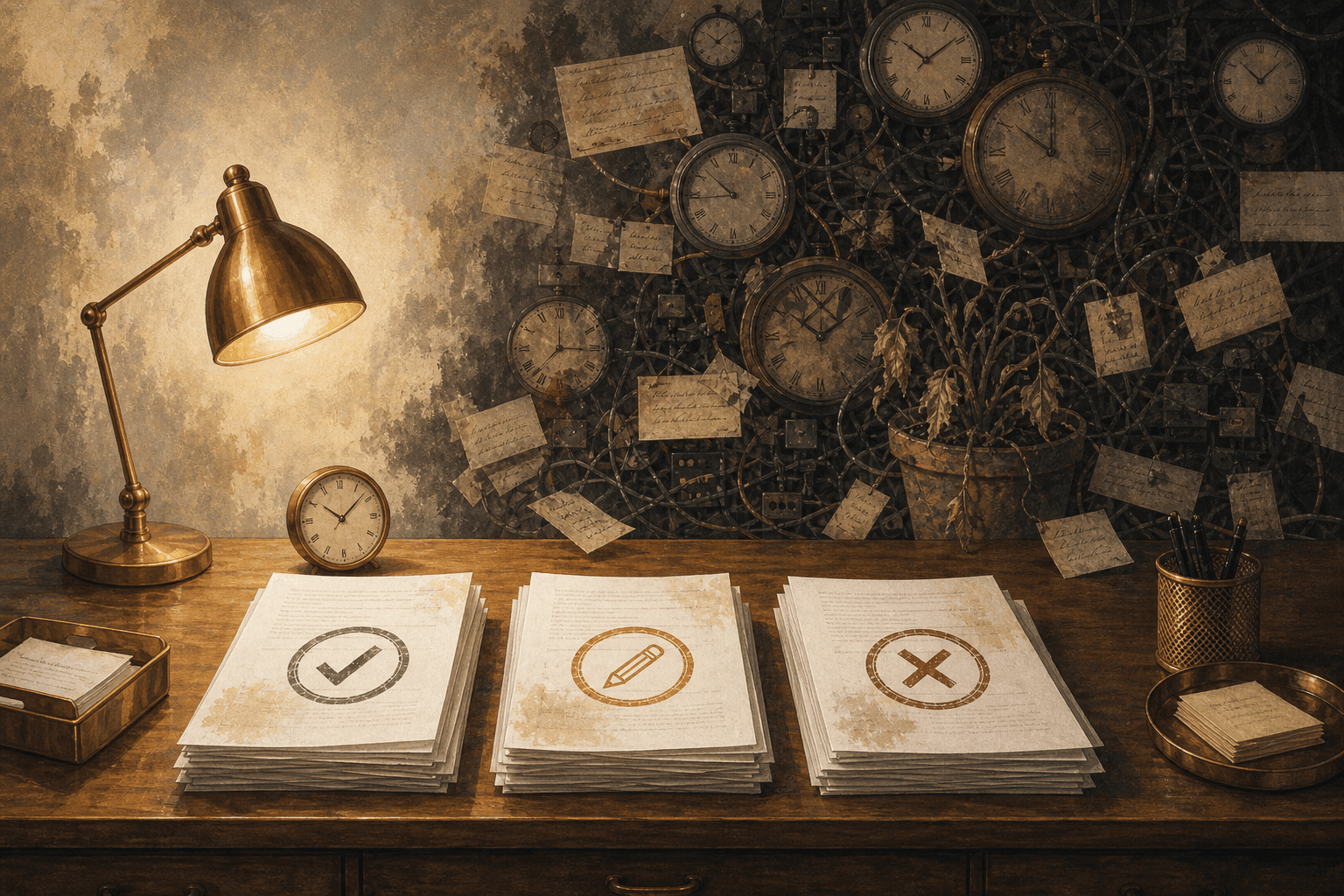 A review queue in front of clocks, wires, and drifting notes