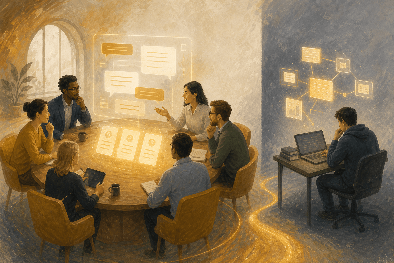 A team asking together, while one person searches a private vault