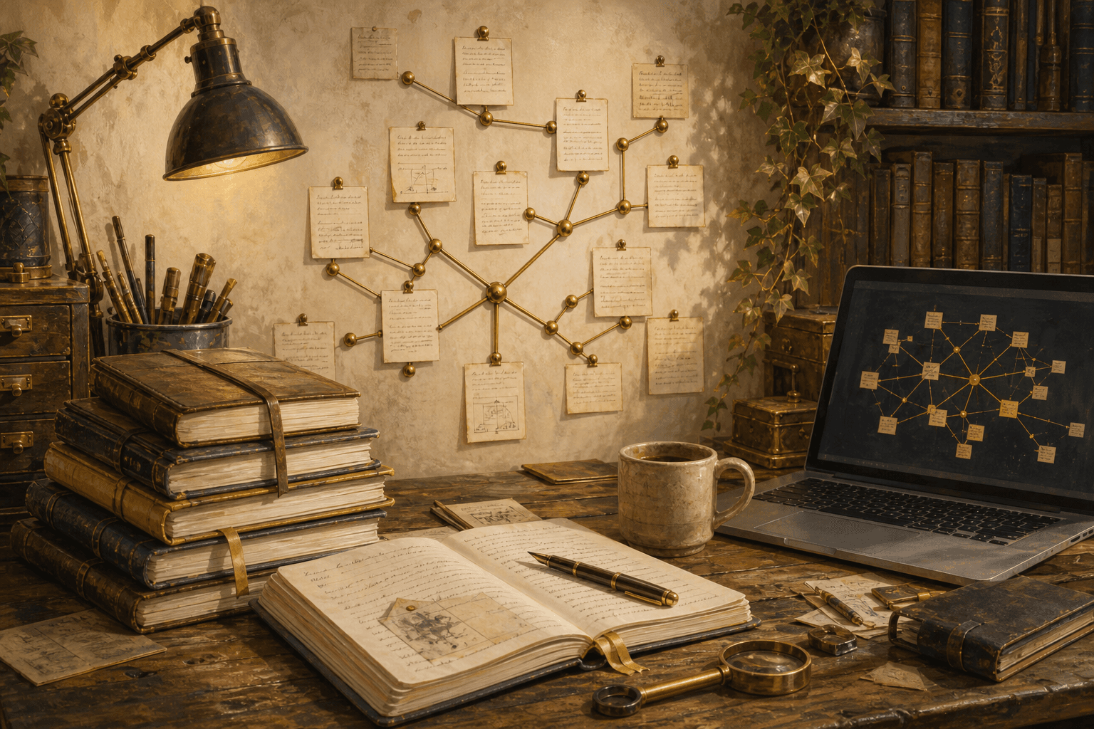 A personal study with local notebooks and a wall of linked notes